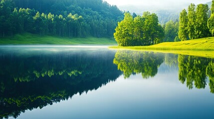 Wall Mural -   A verdant hillside encircles a vast expanse of water, while a dense forest lies beyond its shores