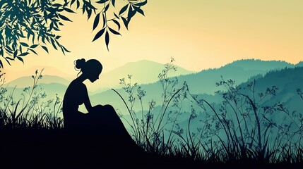 Sticker -  A woman sits on a hill amidst a tree and distant mountains