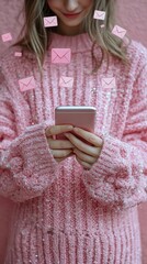 Poster - A person wearing a pink sweater uses a rose-gold smartphone. Pink email icons float around it. This image is suitable for communication or social media apps.