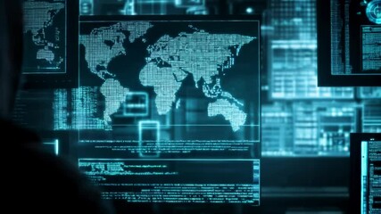 Poster - Hooded hacker in dark operating room. Command center with multiple monitors. Cybercrime, attack and cyberattack concept. Cybersecurity, data protection. Global network. Banner with copy space