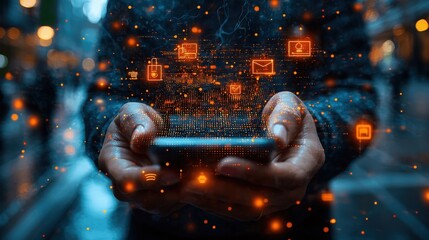 Poster - A person interacts with digital icons hovering above their smartphone. This image represents mobile apps, online shopping, and communication in a tech-driven world. Ideal for showcasing mobile technol