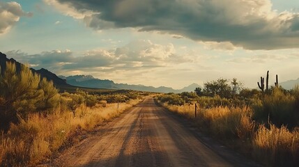 Poster -   A dusty trail through a barren wasteland leads to the foot of majestic mountains, framed by wispy white clouds overhead