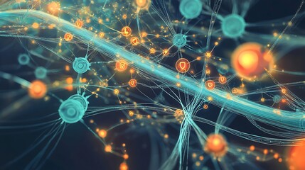 Poster - Artistic depiction of machine learning business showcasing symbolic pathways interconnected nodes for AIdriven solutions