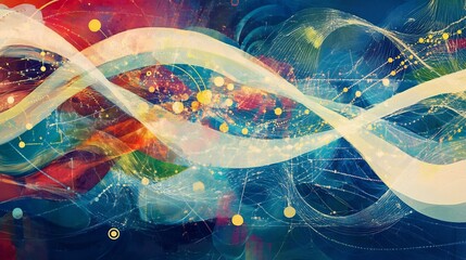 Poster - Artistic depiction of globalization featuring flowing pattern interconnected nodes symbolizing international cooperation