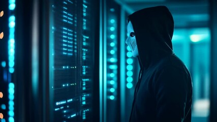 Poster - Hooded hacker in corporate data center. Rows of rack servers. AI training cluster. Cloud data storage. Cybercrime and network security. Digital information protection.