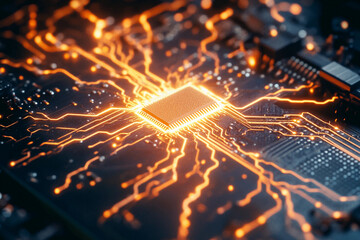 Poster - Computer chip illuminated with vibrant connections on a circuit board. Generative AI