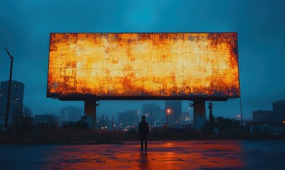 Poster - Person silhouetted before large, glowing billboard.