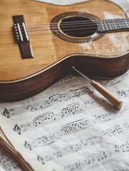 Poster - Musical workspace with acoustic guitar, scattered sheet music, and a tuning fork during a creative session. Generative AI