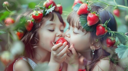 Wall Mural - Two cute girl eating strawberry and wearing strawberry garland in valentine day