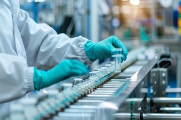 Wall Mural - Worker in lab coat and gloves assembling parts on a conveyor belt