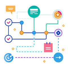 Poster - A colorful project timeline illustrates various tasks, their completion status, and ongoing progress tracking. The layout uses distinct symbols to represent different activities and milestones