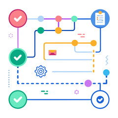 Poster - A colorful project timeline shows task completions and progress updates using symbols and lines. Various elements depict active tasks and organized workflows, enhancing clarity in project management