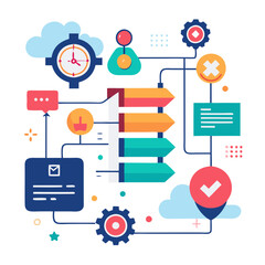 Poster - A project timeline features colorful arrows representing task progression, accompanied by icons for notifications, deadlines, and tools. It illustrates an organized workflow for successful management