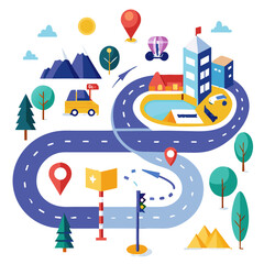 Poster - A roadmap transitions into a finished project, showcasing winding paths through mountains, trees, buildings, and various icons representing milestones and destinations