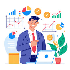 Poster - A sales manager reviews market trends and adjusts strategies while standing by a laptop. Charts and graphs illustrate key data points, showcasing analytical skills in a bright office environment
