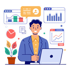Poster - A sales manager is focused on analyzing sales data and performance metrics using a laptop in a bright, organized office. Colorful graphs and charts are displayed on the screen