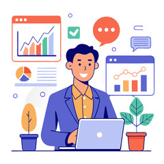 Poster - A sales manager is focused on analyzing sales data and performance metrics while using a laptop in an office setting. Colorful graphs and chat icons surround the workspace