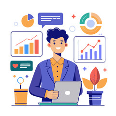 Poster - A sales manager reviews sales performance data on a laptop in a modern workspace. Colorful charts and graphs surround him, highlighting key metrics for analysis