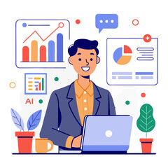Poster - A sales manager focuses on analyzing sales data using a laptop. Surrounding graphs depict performance metrics, indicating a busy work environment