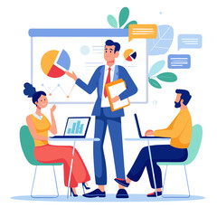 Poster - A sales manager is actively engaging team members in a modern office, using visual aids to emphasize coaching strategies and drive performance improvement