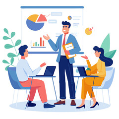 Poster - A sales manager engages their team with coaching techniques during a collaborative meeting in a contemporary office. The team discusses strategy using charts and laptops