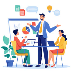 Poster - In a modern office space, a sales manager engages with their team, delivering coaching and sharing insights about strategies. Team members actively participate while using laptops and tablets