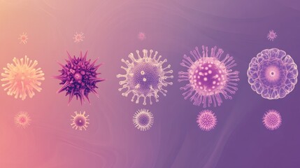 Poster - Progression of virus forms showing transition from basic shapes to complex structures in a colorful representation. Generative AI