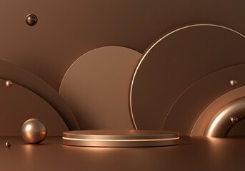 Poster - Brown podium showcasing beauty products, highlighted with subtle golden accents and floating spheres, creating a luxurious and minimalist presentation