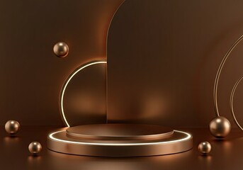 Poster - Metallic brown cylindrical podium with glowing edges, perfect for showcasing products on a sophisticated stage with floating spheres