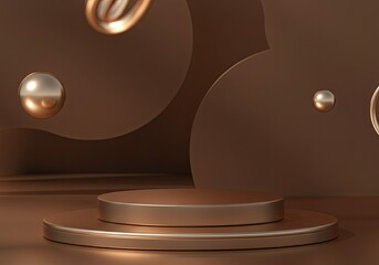 Poster - Metallic double podium with floating spheres and ribbons on mocha brown background, perfect for showcasing products