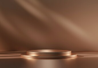 Poster - Metallic brown pedestal on a brown stage illuminated by light beams, perfect for displaying products