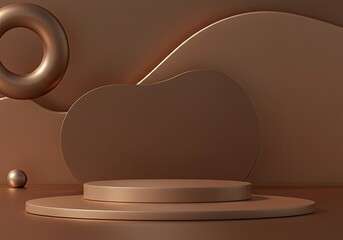 Poster - Minimalist brown podium showcasing products on an abstract background with floating shapes, ideal for displaying cosmetics or other items