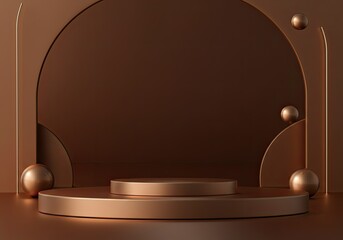 Poster - Metallic brown podium showcasing products on a sophisticated brown backdrop, accompanied by decorative spheres, creating a luxurious and elegant presentation