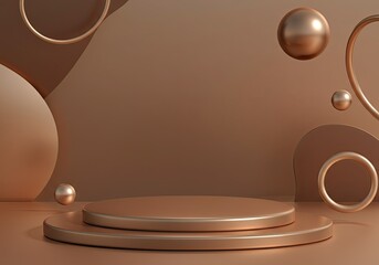 Poster - Brown podium with floating spheres and rings creates an elegant backdrop for product displays