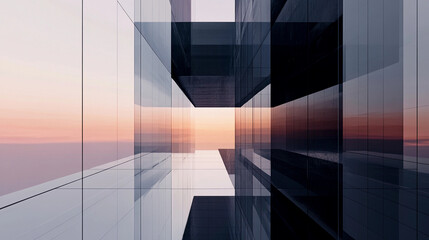 Poster - Modern skyscraper features striking glass design with sunset backdrop. Generative AI