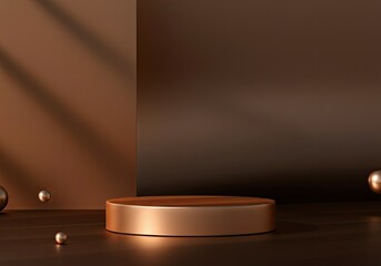 Poster - Golden round podium on brown stage with soft shadows, perfect for showcasing products with elegance and style