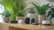 © Gufis - Smart home devices on wooden shelf with plants.