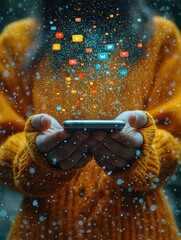 Poster - A person holding a smartphone with social media icons emanating from it. Ideal for showcasing social media marketing or app development.