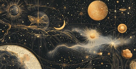 Wall Mural - cosmic wisdom illustrated through metaphysical patterns celestial designs glowing zodiac constellati