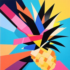 Aufkleber - Vibrant abstract geometric representation of a pineapple showcasing bright colors and bold shapes in a modern art style. Generative AI