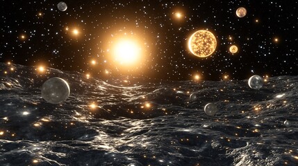 Wall Mural - celestial bodies showcased glowing stars moons and planets engaged in a cosmic dance of alignment an