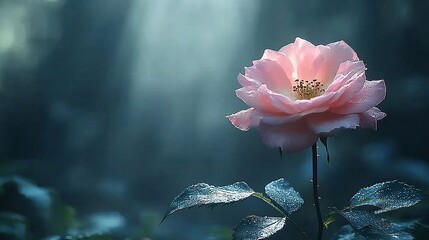 Wall Mural - Single pink rose in misty forest setting.