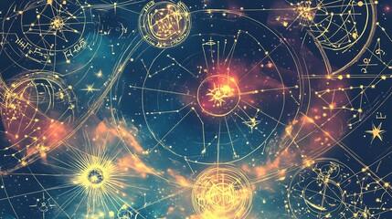 Wall Mural - metaphysical illustrations portraying zodiac archetypes cosmic energy in vibrant celestial patterns 