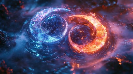 Poster - Elemental clash fire and water spheres digital art fantasy realm vibrant colors abstract concept