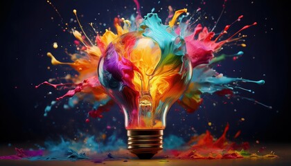 Poster - vibrant light bulb explosion in a dark background with multicolored paint splashes artistic depictio