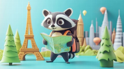 Aufkleber - Raccoon Explorer with Map and Backpack at Iconic Landmarks Around the World. Generative AI