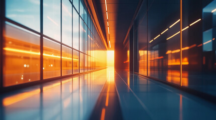 Poster - Golden sunset illuminates sleek corridor, highlighting reflections and designs