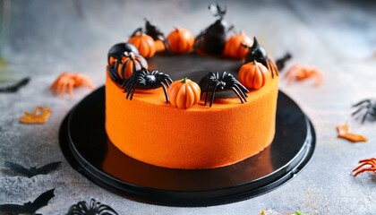 near up of halloween orange and black cake with decorations food ideal for autumn party