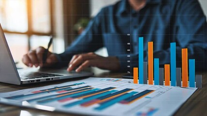 Leinwandbilder - Data Analysis and Business Growth Modern Office Charts and Graphs Showcasing Statistics on Laptop for Enhanced Productivity and Insights.
