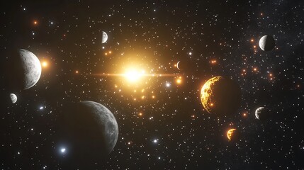 Wall Mural - creative visualization of celestial body showcasing glowing star moon planets cosmic dance